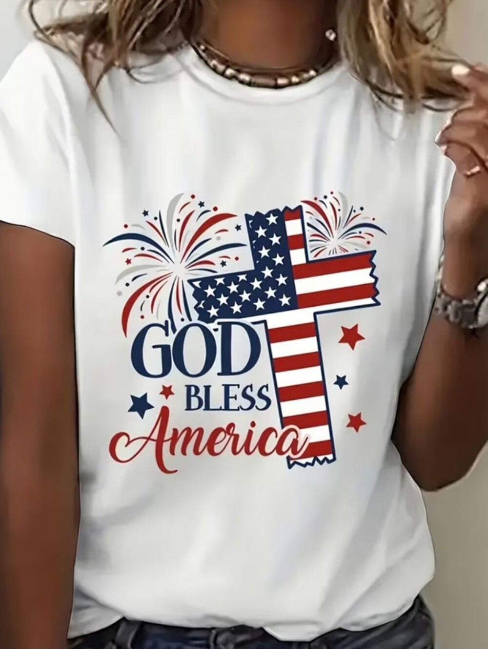 Women's God Bless America Patriotic Graphic Tee - White
